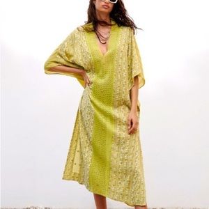 Zara Embroidered Eyelet Mirrored Long Kaftan Green Dress NWT